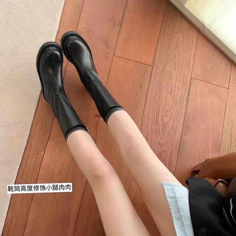 Height-increasing Leather Thick-soled Pleated Medium Tube Knight Boots Women's New Round Head Side Zipper Locomotive Short Boots