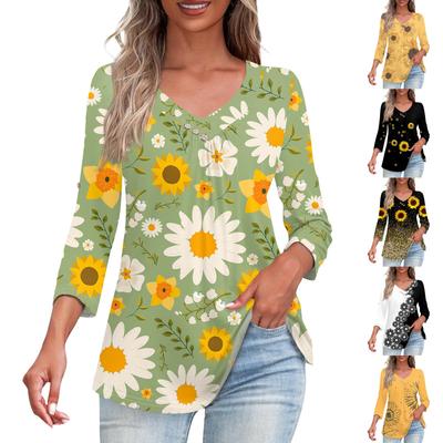 Shirts für Damen, trendige T-Shirts mit V-Ausschnitt und Knopfleiste, lässig, bedruckt, Sommer-T-Shirt, T-Shirt, Bluse, Dreiviertelärmel, Oberteile für Damen