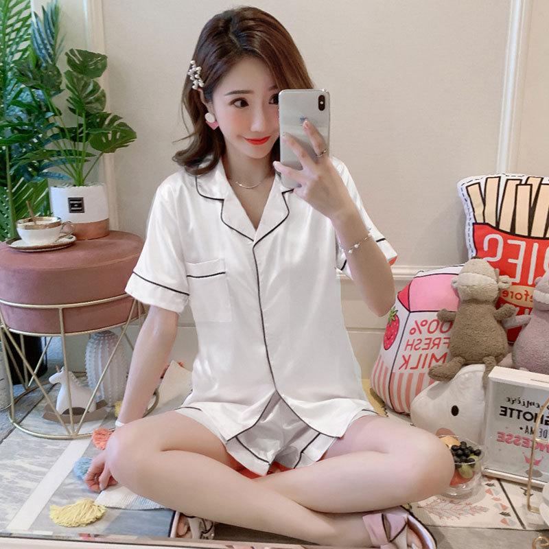 Solid color ice silk pajamas women's long-sleeved cardigan simulation silk spring summer loungewear women's autumn suit breathable