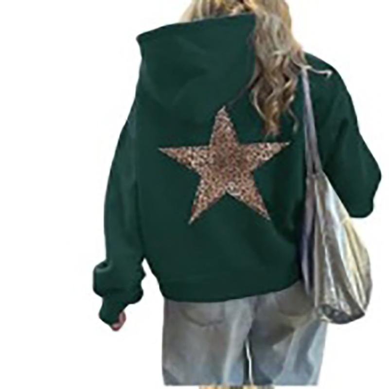 Mode Einfacher Leopardenmuster Fünfzackiger Stern Kapuzenpullover Lässig Locker Kängurutasche Kordelzug Pullover Oberteile