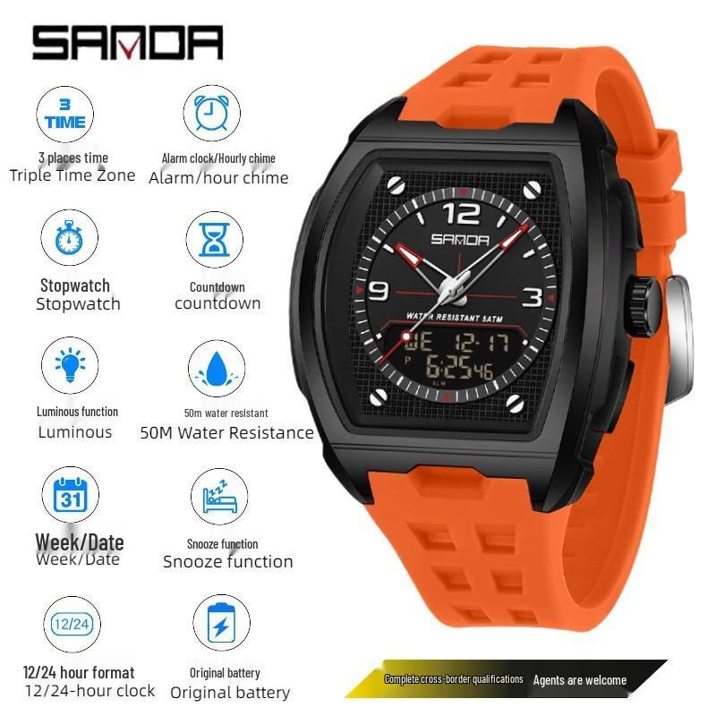 Sanda Dual Display Multifunctional Waterproof Luminous Men's Wristwatch