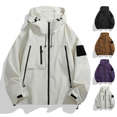 Men Women Windbreaker Waterproof Stand-up Collar Hooded Jacket Outdoor Coat with Zipper Pockets