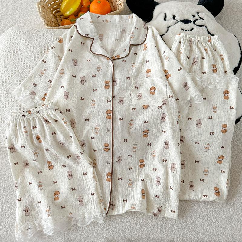 Milk Fufu Puppy Pajamas Women'S Summer Cloud Cotton Short-Sleeved Three-Piece Set Lace Edge Loungewear
