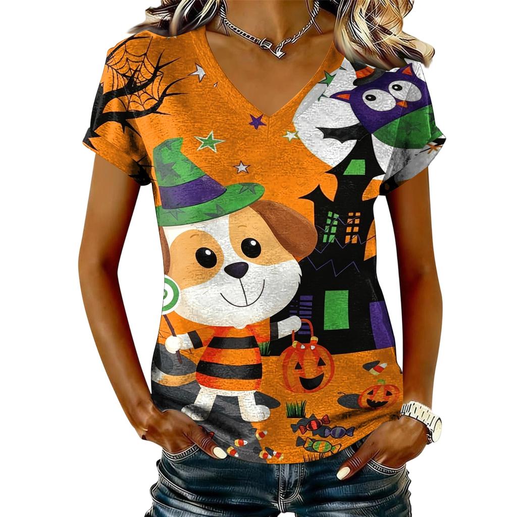 Women's V-Neck Short Sleeve T-Shirt Casual Pullover with Halloween Print Top
