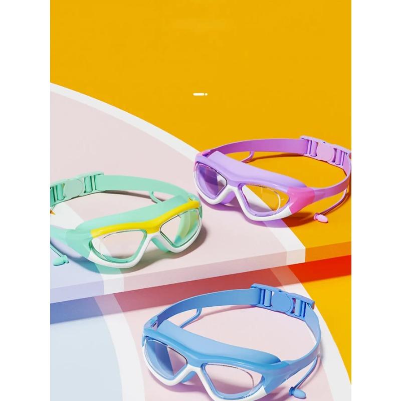 Ochelari de înot pentru copii de înaltă definiție, impermeabili și anti-ceață, cu ramă mare, ochelari convenienți, dopuri de urechi conectate cu silicon