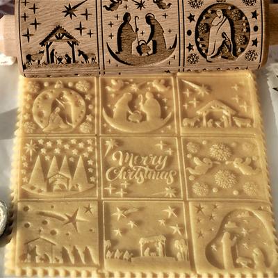 Kitchen Wood Rolling Pin Engraved Carved Embossed Christmas Rolling Tool