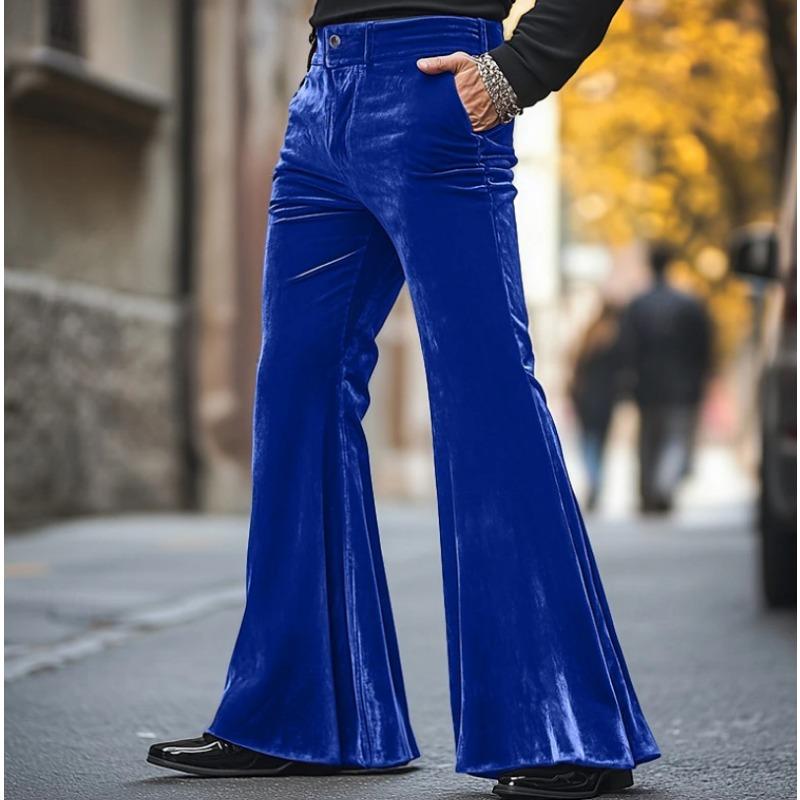 

Men Velvet Flare Pants High Waist Slim Fit Retro Bell Bottom Trousers S синий