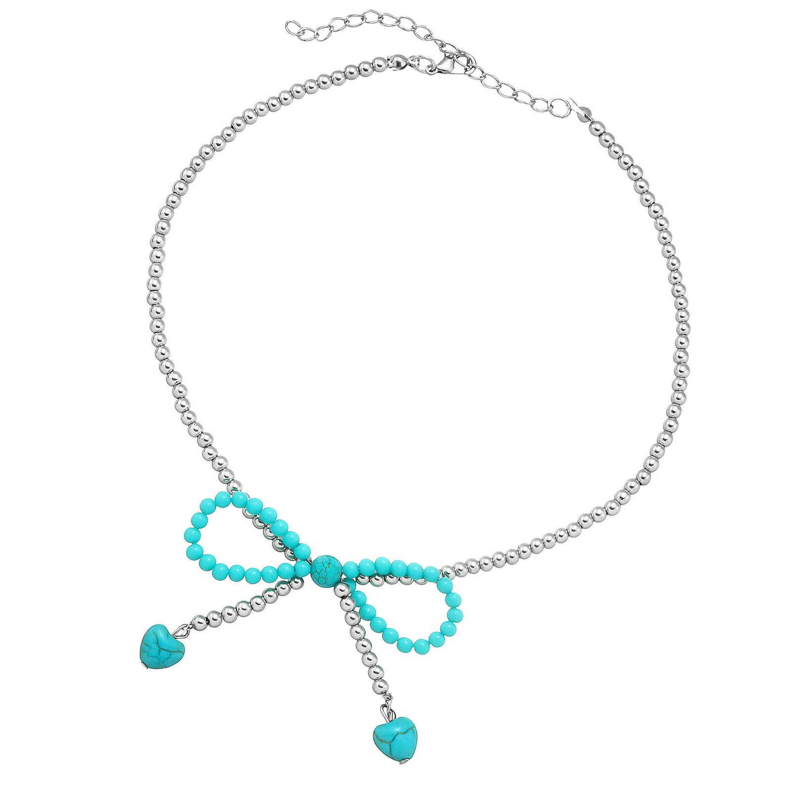 Elegant Chic Turquoise Pendant Necklace Feature Bowknot Accent Heart Detail Collarbone Neckchain Jewelry Gift 1