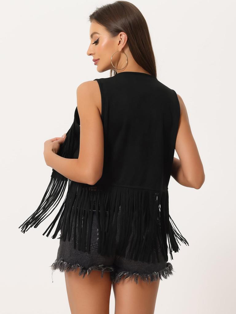 Allegra K Women's Fringe Vest, Open Front, 70s Style, Faux Suede Tassel Cardigan, Black, Size Small