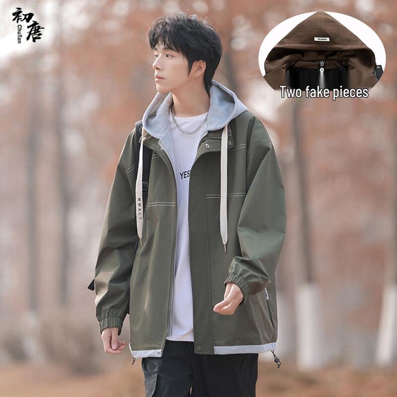 

Men s Autumn/Winter Faux Two-Piece Hooded Jacket L