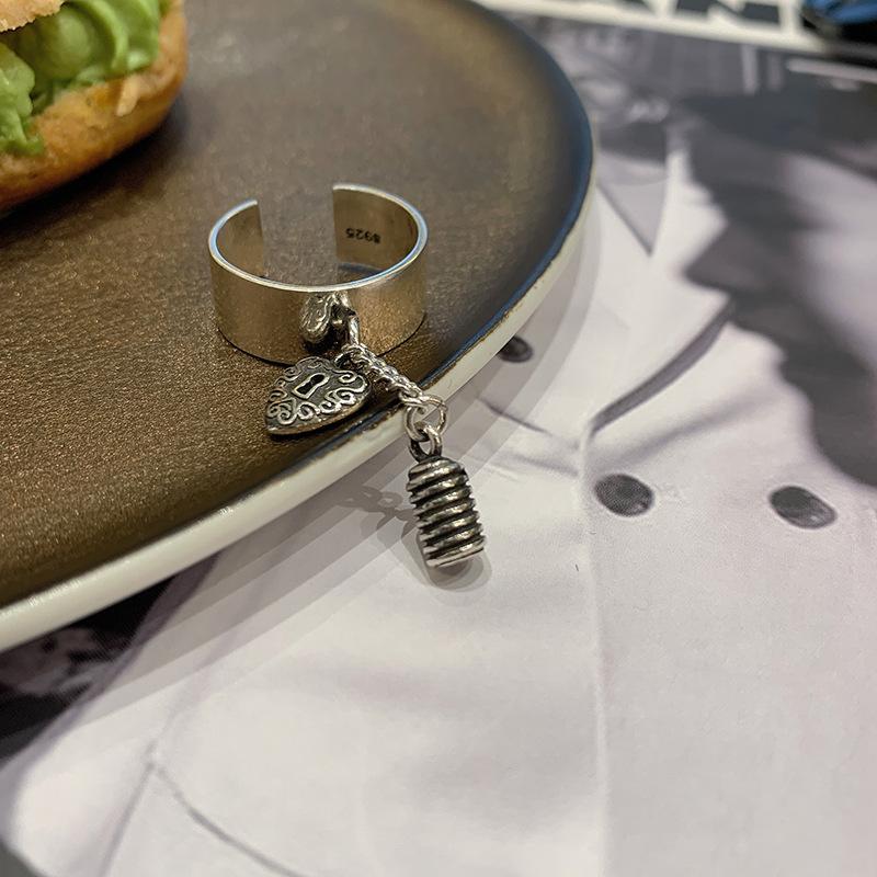 Vintage 925 Elegant Sterling Silver Heart Lock Open Adjustable Ring Women For
