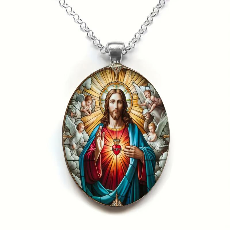 

Подвеска-амулет с молитвой к Святому Сердцу Иисуса, с драгоценным камнем времени, религиозное украшение, стеклянная подвеска, подходит для мужчин и женщин для повседневной носки