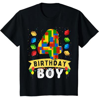 Kids 4 Year Old Building Blocks Master Builder 4th Birthday Boy T-Shirt