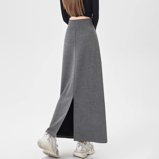 Women Sport Skirt High Waisted Adjustable Drawstring Long Skirt with Hem Slit Pure Color Slimming Design Casual Athletic Skirt