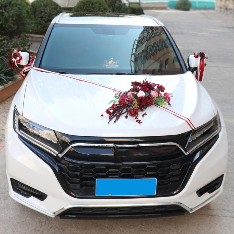Wedding Car Decoration 7Pieces Set with Realistic Artificial Flower for Car Decors included Rearview Mirror and Doorknob