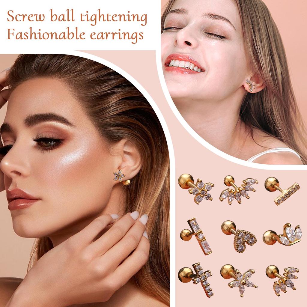 Titanium Steel & Stainless Steel Post Crown Ear Studs With Micro-Pavé Zircon - Screw-Back Ball Fashion Earrings For Western Piercing Jewelry