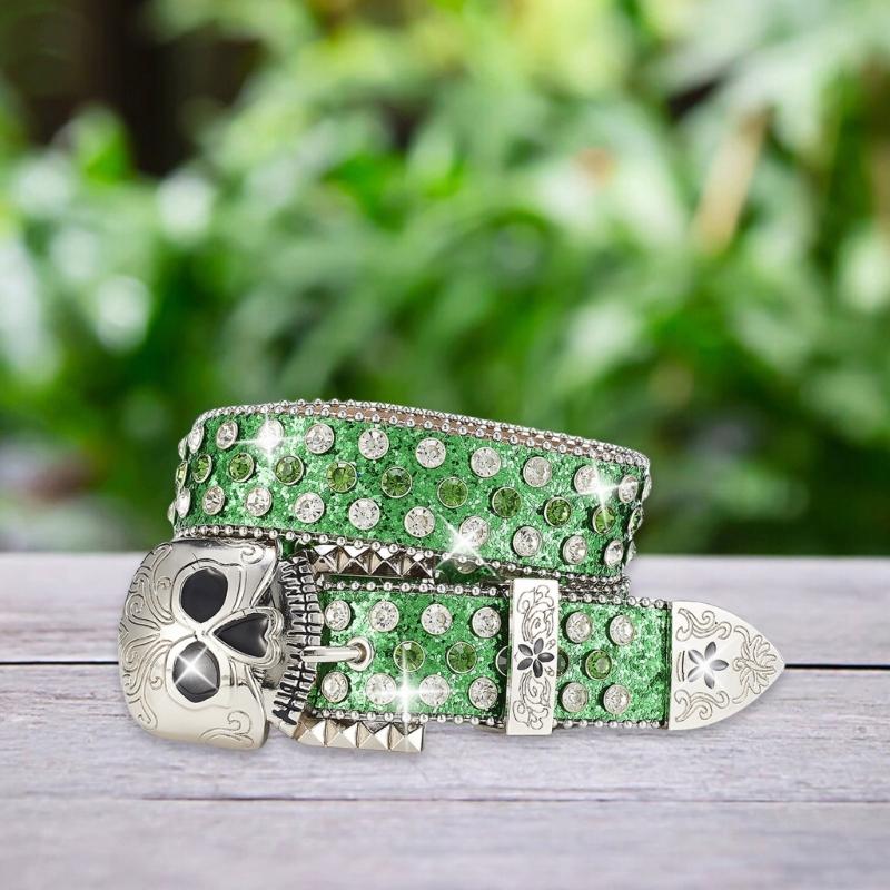 Metal Skull Buckle Belt for Women Men with Rhinestones Studded Sequins Hiphop Belt for Jeans Popular Waist Accessories