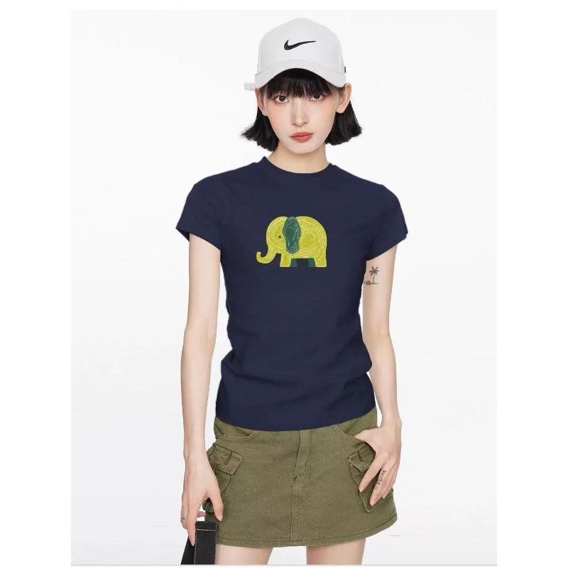 Women Cute Line Texture Elephant Graphic Crew Neck Slim Fit Short Sleeve T-shirt