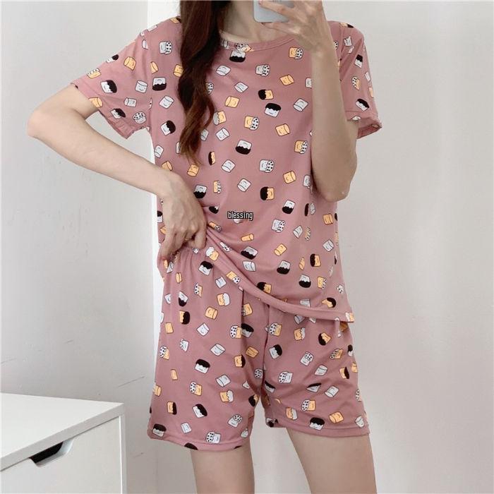 Letni zestaw piżam damskich: Okrągły dekolt, Krótki rękaw, Nadruk z kreskówką, Odmładzająca odzież domowa