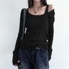 Minimalist Style Two-piece Knitted Pit Stripe T-shirt for Women's Autumn Solid Color Top Base Shirt