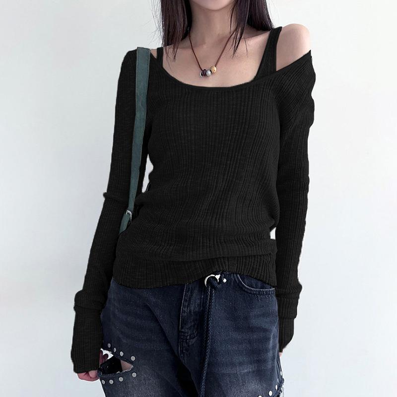 Minimalist Style Two-piece Knitted Pit Stripe T-shirt for Women's Autumn Solid Color Top Base Shirt
