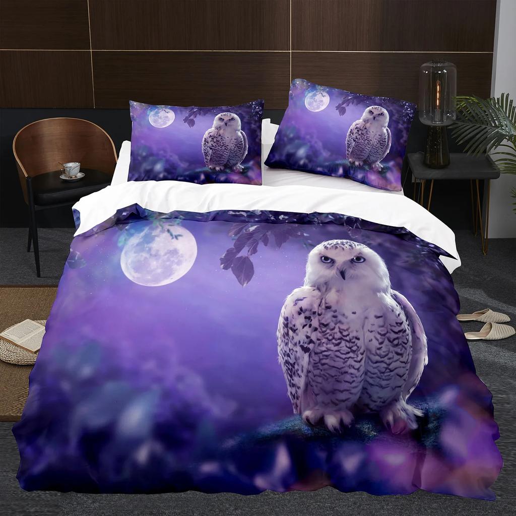 Owl Duvet Cover Set 3D Safari Wildlife Print Comforter Cover Bird Animal Personalized Nighthawk Queen Size Polyester Quilt Cover