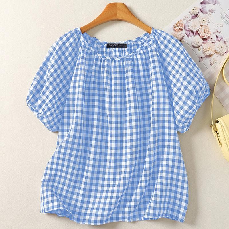 

ZANZEA Женская повседневная блузка с круглым вырезом, короткими рукавами и свободным принтом в клетку синий