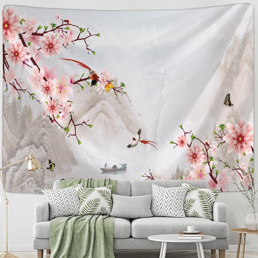 Kwiat i ptak malowanie tuszem gobelin ścienny wiszący antyczny hipisowski Tapiz estetyczny pokój wystrój domu tkanina w tle