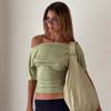 Fashion Women's New Summer Fashion Street Solid Color Off-shoulder Short-sleeved Gathered Waist Slimming T-shirt Top