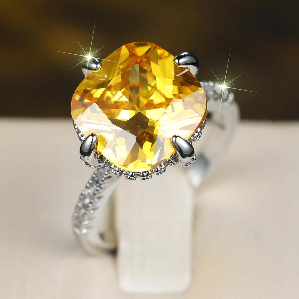 Small Charm Female Yellow Trendy Zircon Stone Square Ring Vintage Silver Color Wedding Jewelry for Women