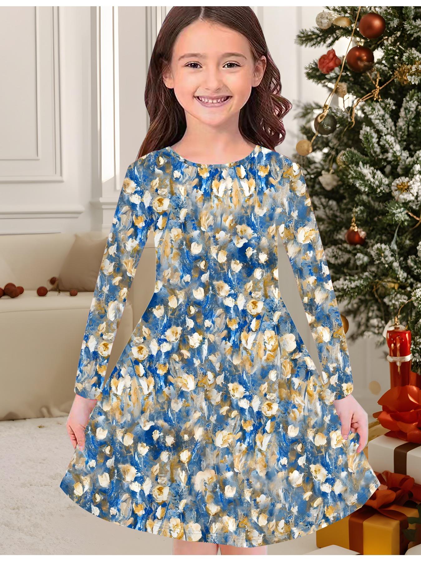 

Модное осенне-зимнее платье для девочек, платье-футболка с длинным рукавом и круглым вырезом, с 3D цветочным принтом, повседневное, универсальное, рождественская одежда 170 синий