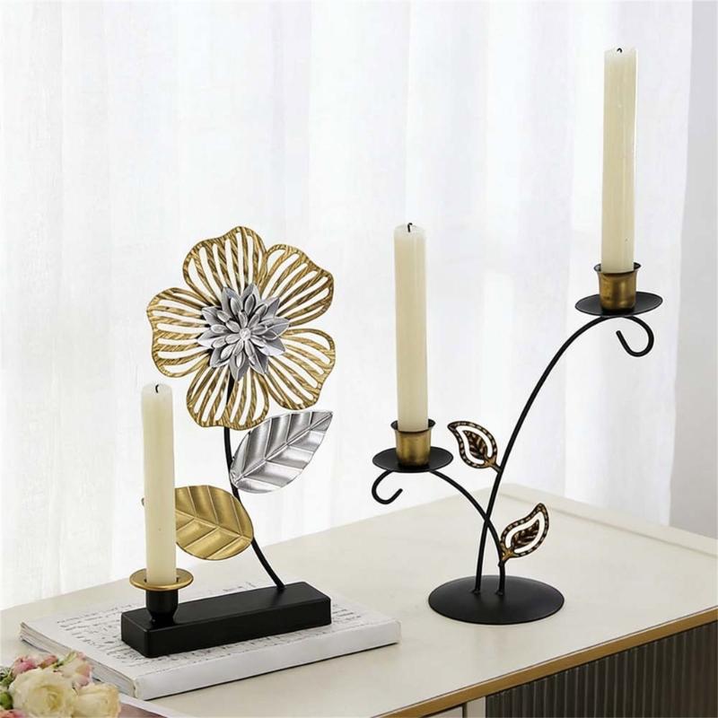 Modern Iron Flower Carving Taper Candle Holders Elegant Metal Candlestick Stand for Table Centerpieces Decoration Gift
