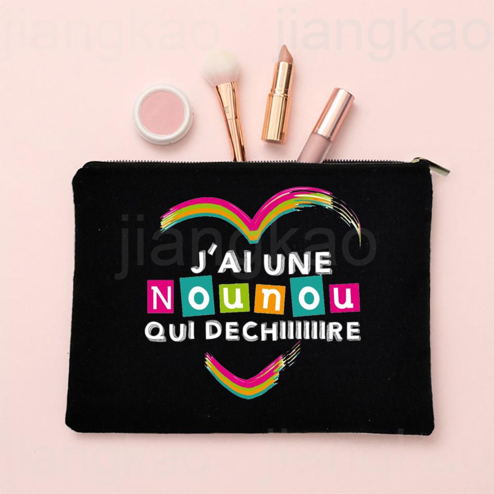 I Love My Nanny French Print Makeup Bag Travel Toiletries Organizer Pouch Women Cosmetic Case Zipper Bags Thanks Gift for Nounou
