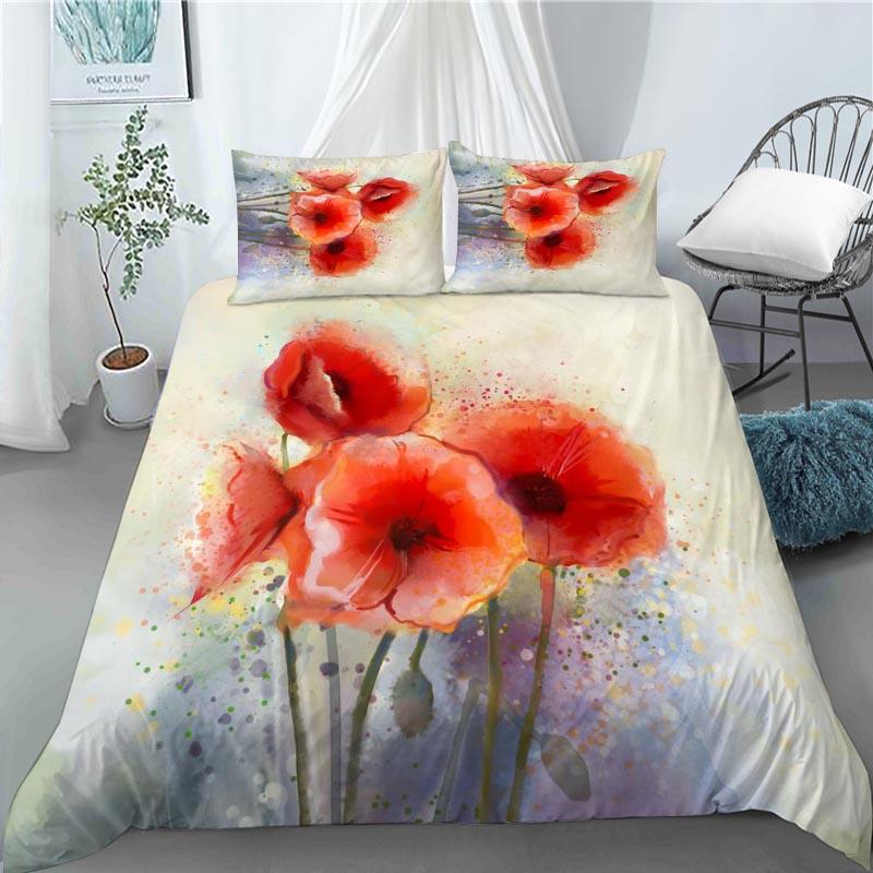 3D Red Poppy Duvet Cover King Queen Size Beautiful Flower Polyester Quilt Cover with Pillowcases Kids Adults Home Bedroom Decor