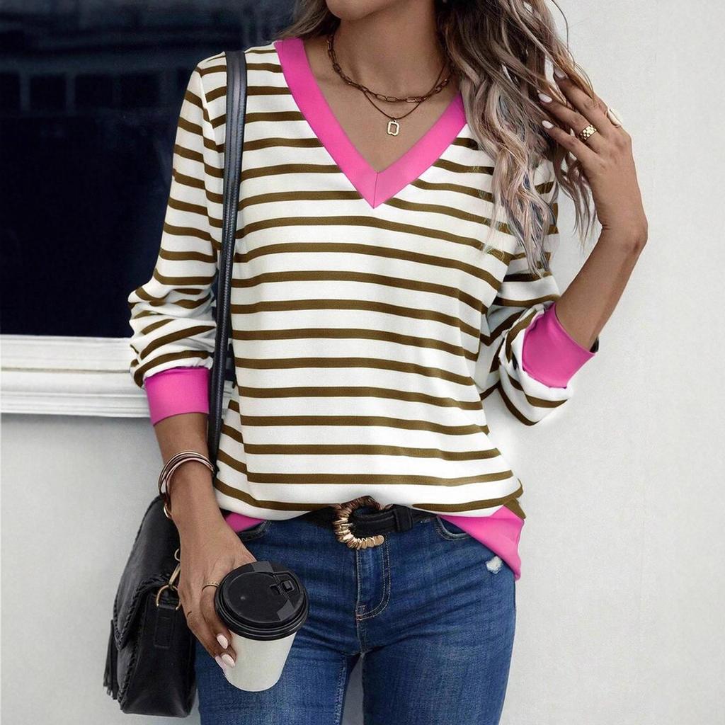 Womens Striped Long Sleeve Shirts V Neck Knit Tops Casual Fitted T Shirts Fall Outfits