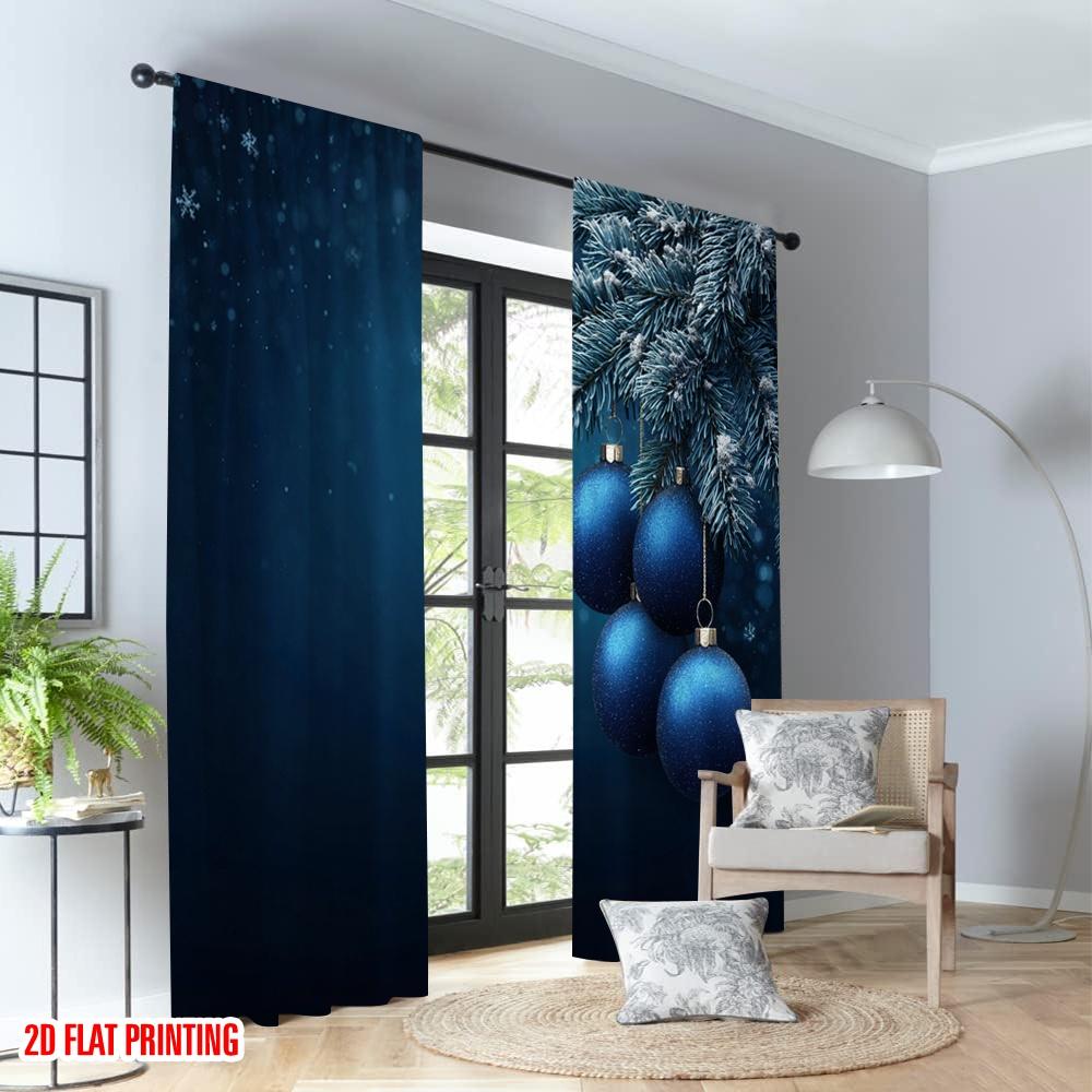 2pcs 2D flat printing Happy Christmas Scene Curtains Christmas Ornament Blue Bauble Digital Printed Polyester Drapes Festive