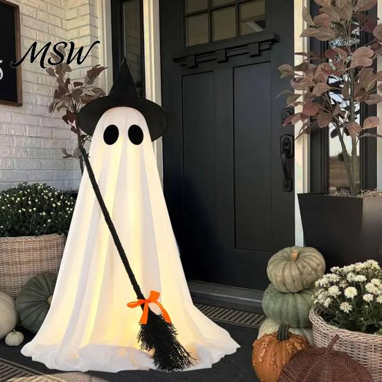 Halloween Ghost Ornament Light-Up Decoration, Spooky Witch Hat with LED Festive Prop Light, Broom Decor for Outdoor Lawn Porch Holiday Party
