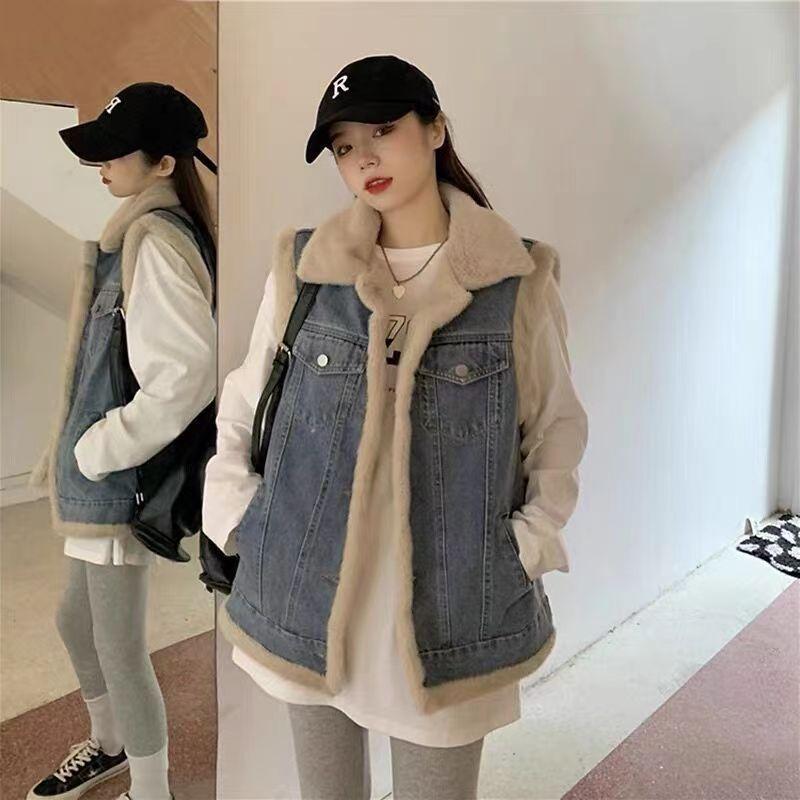 Lamb wool denim vest girl autumn and winter clothing new junior high school students fleece thickened vest jacket