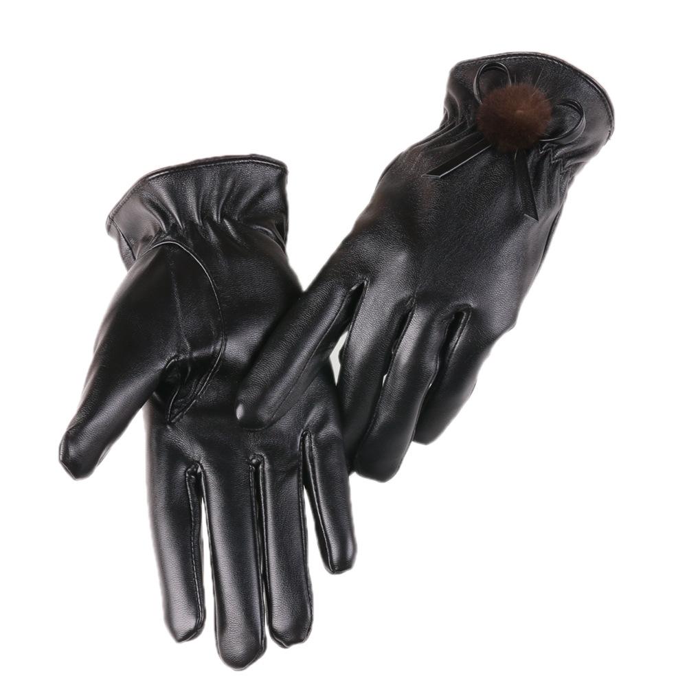 Autumn and Winter Gloves for Women PU Leather Gloves Bow Plus Velvet Thickened Outdoor Driving Touch Screen Warm Gloves