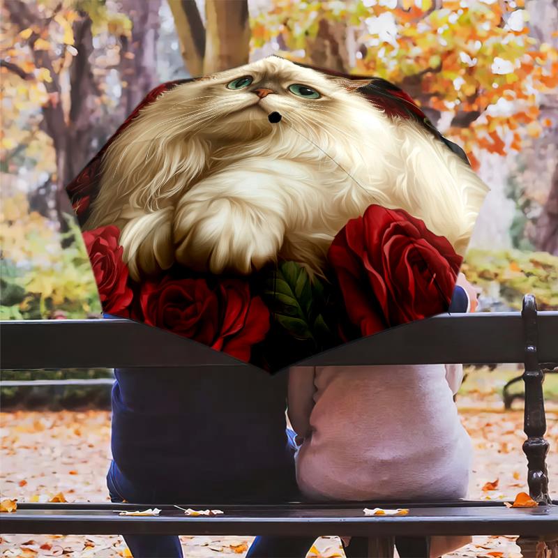 Rose and Persian Cat Pattern, Automatic Folding Umbrella, Portable and Foldable Design, 8 Ribs, a Christmas or Birthday Gift.