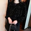 Women's Fashion Elegant Sequins T-shirts Autumn Winter Casual O-Neck Black Loose Pullover Long Sleeve Tops