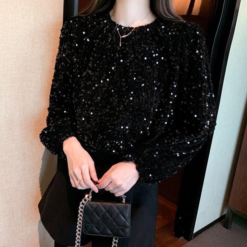 Women's Fashion Elegant Sequins T-shirts Autumn Winter Casual O-Neck Black Loose Pullover Long Sleeve Tops