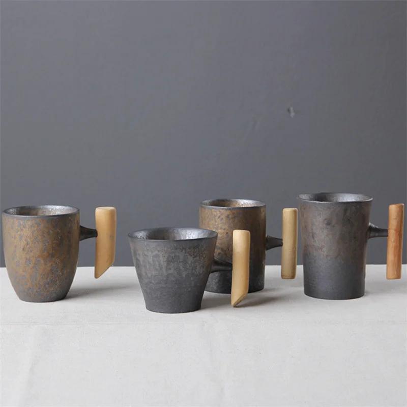 Japanese-style Retro Vintage Ceramic Manual Coffee Mug With Wooden Handle Tumbler Rust Glaze Tea Milk Beer Cup Home Drinkware