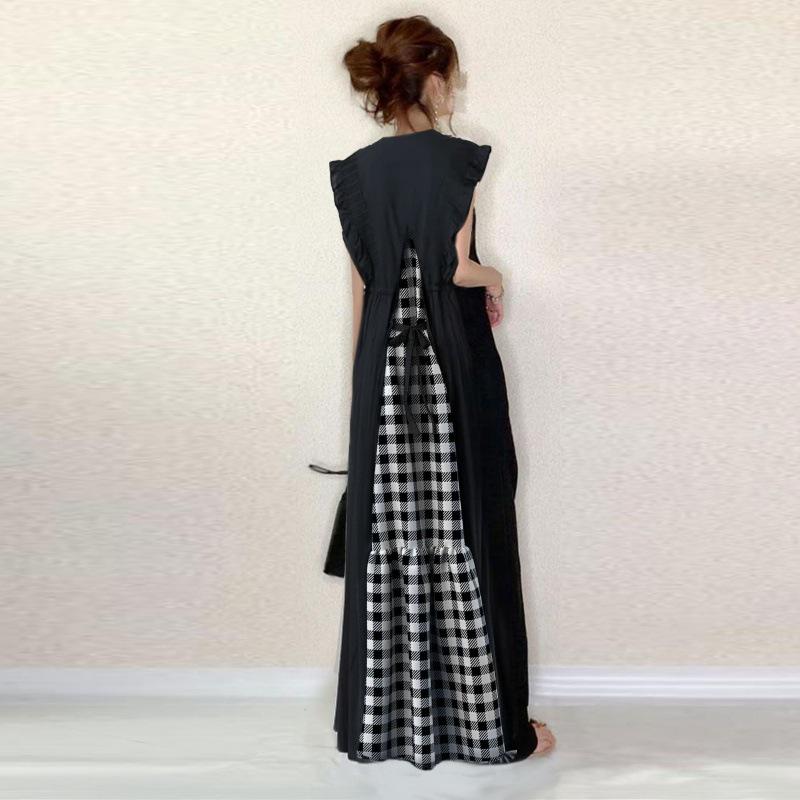 2024 Summer Women's V-Neck Dress with Back Tie, Gingham Patchwork, and Ruffle Cuffs