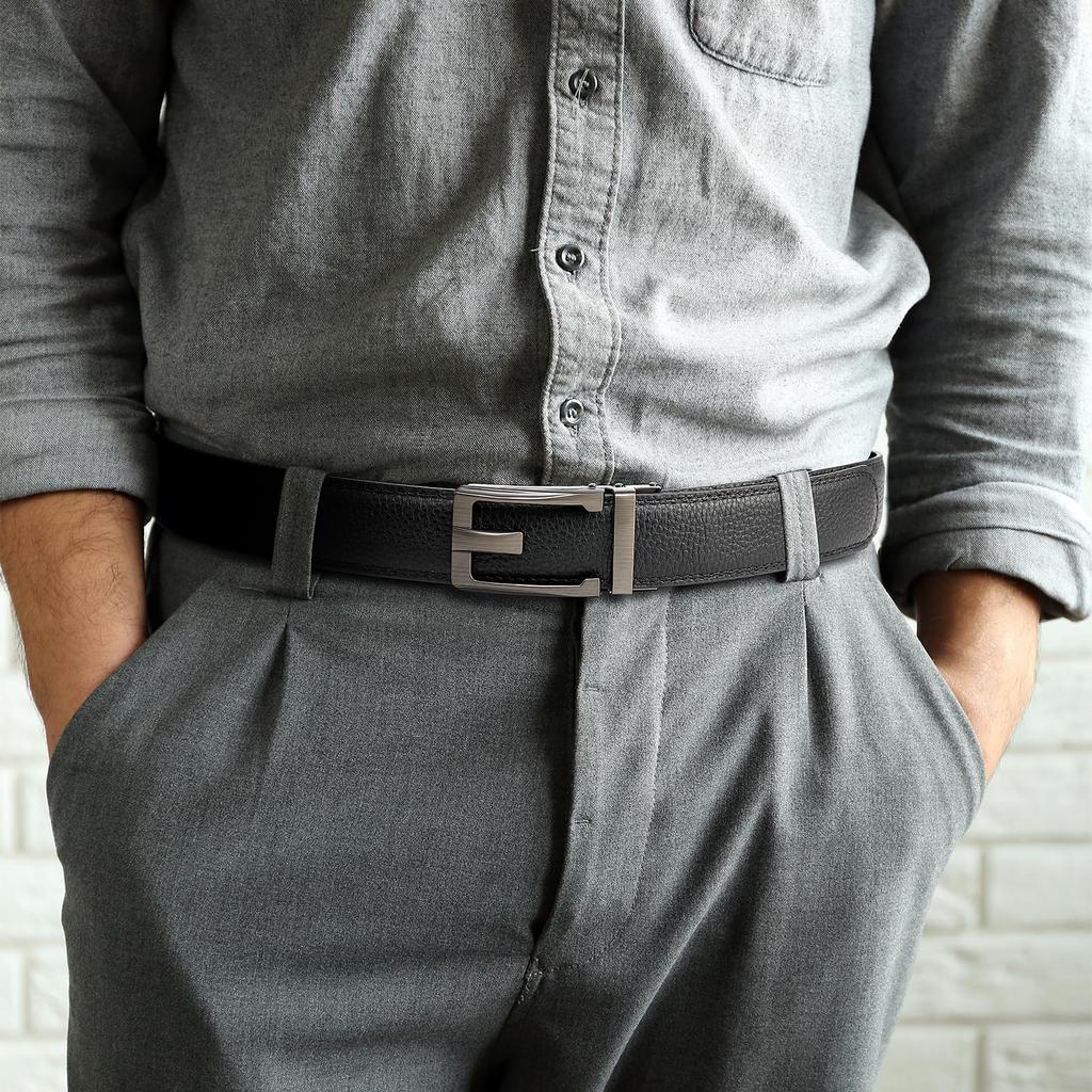 AHHEEK Stepless Genuine No for and Casual Wear 120cm Total for Waist Sizes Men's Belt, Auto-Lock Buckle, Adjustment, Leather, Holes, Business, Suits,