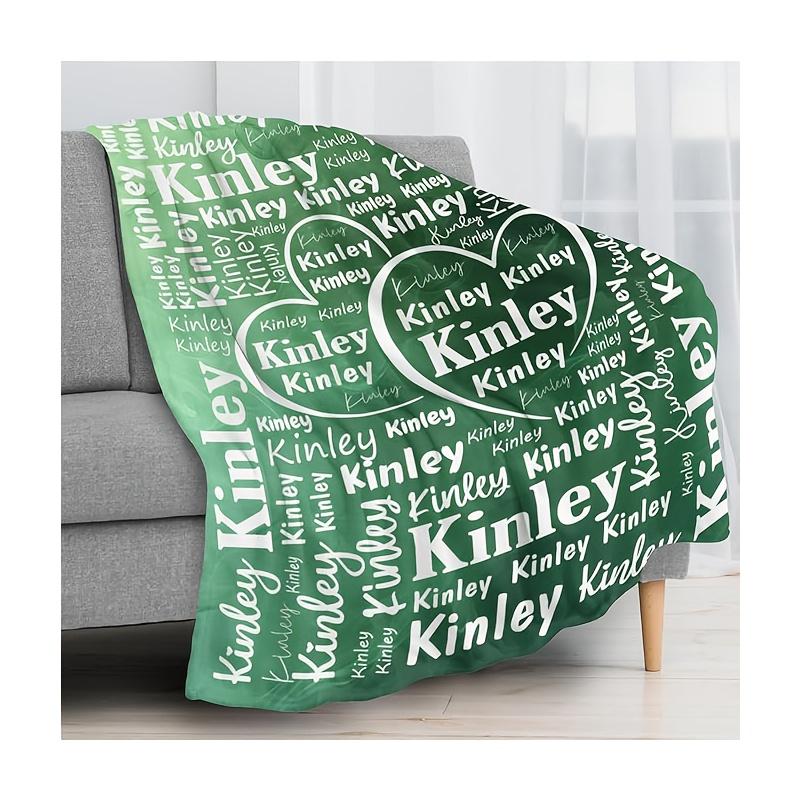 Personalized Custom Name Blanket Flannel with Gradient Green Heart Name Design All Season Luxury Gift for Christmas Gift