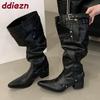 Fashion 2025 New Fashion Pointed Toe Women Knee High Boots With Heels Shoes Female Slip On Footwear Ladies Long Western Booties Shoes