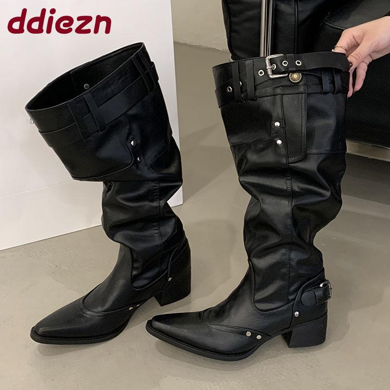 Fashion 2025 New Fashion Pointed Toe Women Knee High Boots With Heels Shoes Female Slip On Footwear Ladies Long Western Booties Shoes