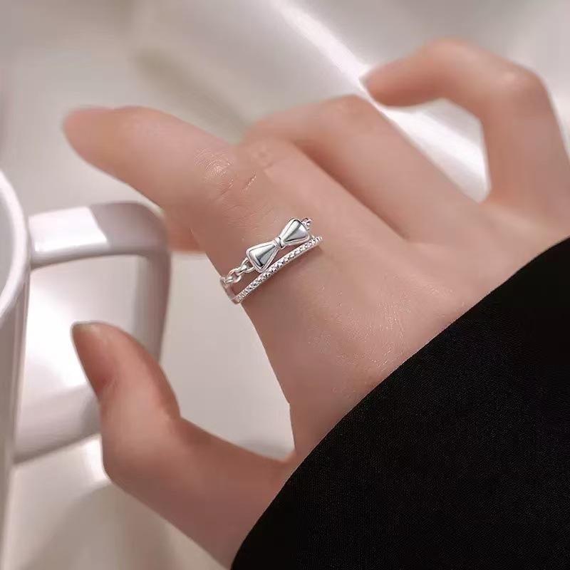 Sweet Cute Double Layered Bowknot Rings for Women Girls Light Luxury Exquisit Silver Color Adjustable Rings Jewelry Accessories
