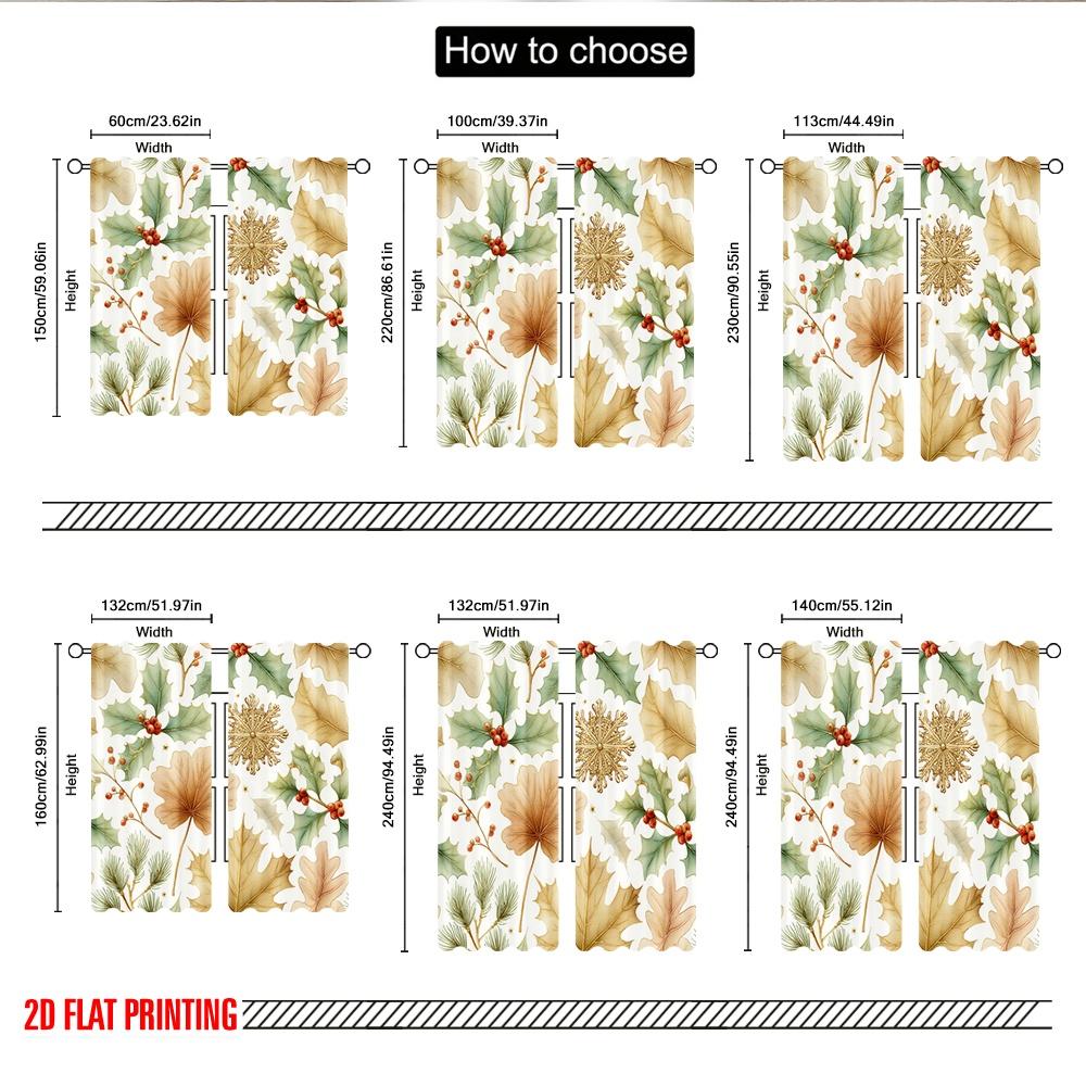 Set Of 2 Flat Printing Merry Christmas Curtains Holly Berries Pine Leaves Digital Printed Polyester Drapes Party Curtain